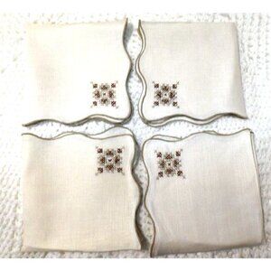 Set of 4 beige linen napkins brown & tan cross stitch design scalloped edge